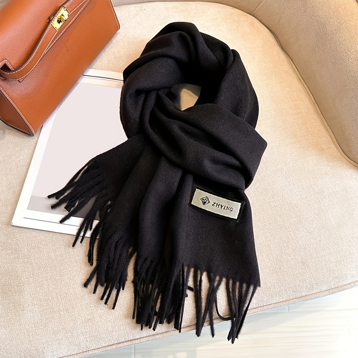 1pc Solid Color Thickened Scarf For Women, Versatile Winter Warm And Comfortable Long Fringe Shawl, Green Christmas Gift
