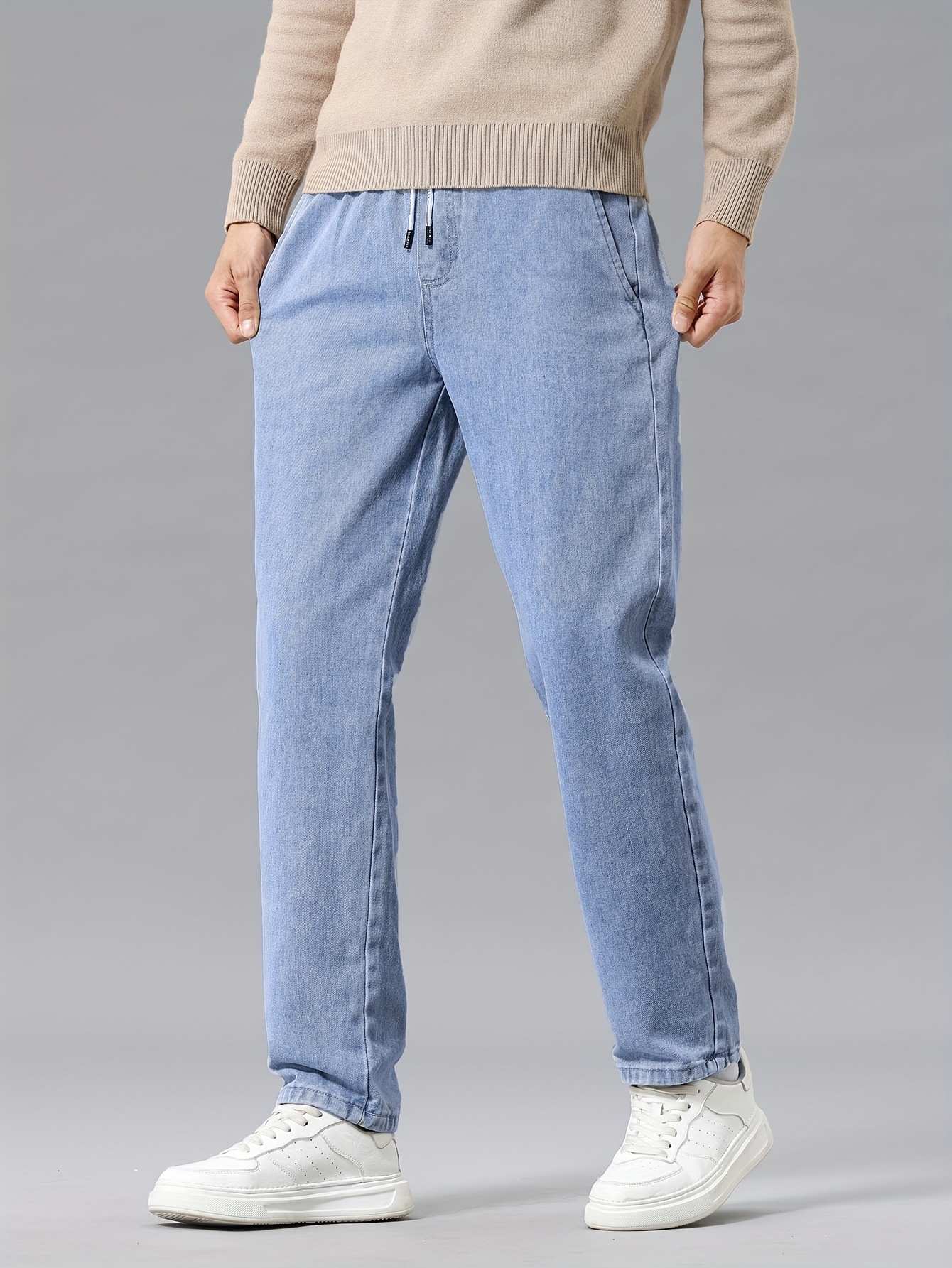 1pc Men'S Casual Washed Denim Jeans, Mid Waist Drawstring Waist, Non-Stretch Solid Color, Straight Leg, Regular Fit, Woven Fabric, Weekend Casual Style, Spring/Fall Season, 9/10 Length Pants