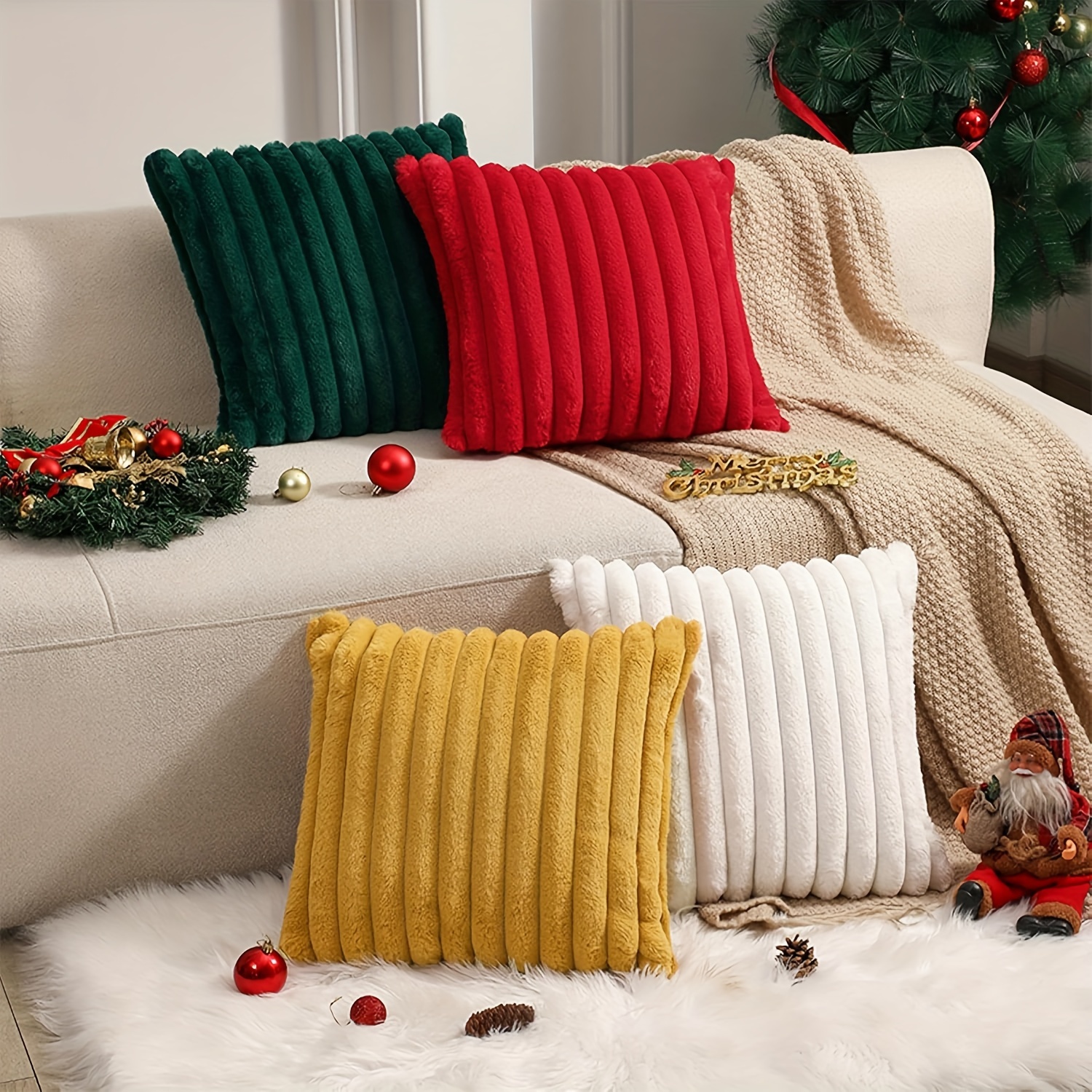 

1pc Contemporary Style Christmas Striped Throw Pillow Cover, Soft Plush Faux Fur Decorative , Reversible With Zipper, Machine Washable, Polyester Fabric, For Living Room Decor, Assorted Colors