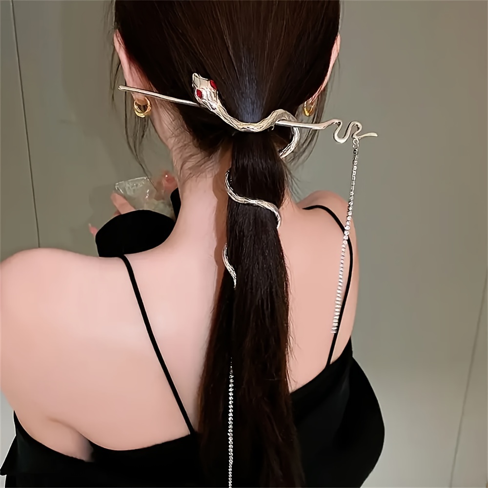 

y2k Charm" Elegant Snake Hair Stick With Tassel - Vintage Y2k Style Alloy Hairpin For Women