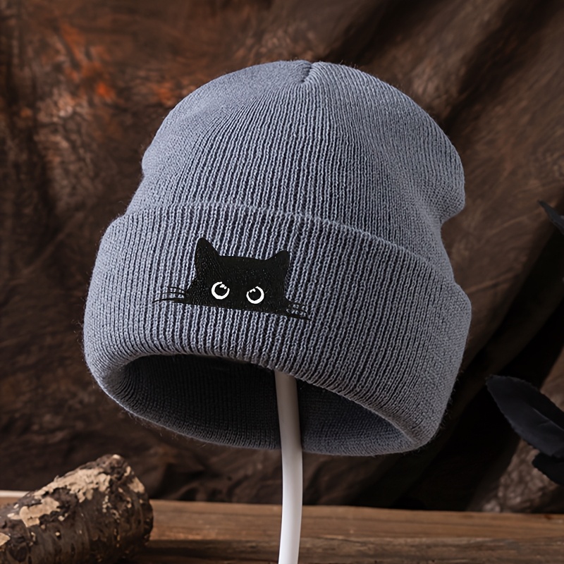 TEMU Gorro moderno de moda con bordado de cabeza de gato negro, gorra hip-hop sin visera, gorro unisex de punto para fiestas y vacaciones, gorro de