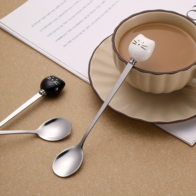 Creative Ceramic Cat Stainless Steel Coffee Spoon Honey Stirrer Long Handle Stainless Steel Spoon For Mugs