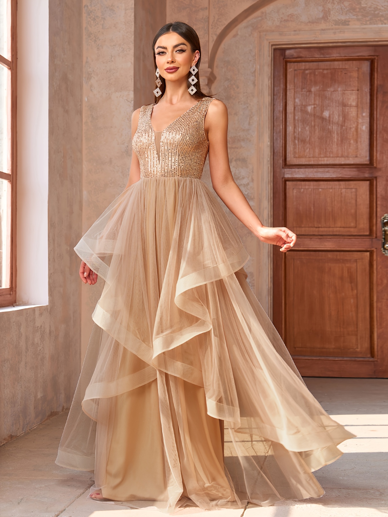 Women's Elegant V-Neck Long Formal Gown with Sequin V-Neck & -Length Dress  - Fitted Party Wedding Prom Evening Dress, Hand Washable Special Occasion O