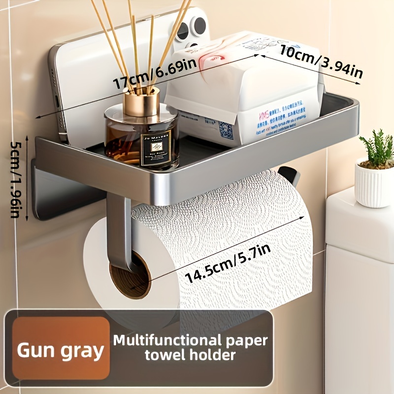 1pc Wall-mounted Self-adhesive Toilet Paper Holder With Shelf - Metal Bathroom Tissue Storage Rack For Towels, Accessories & Essentials, Space- Design, Toilet Paper Holder Wall Mount