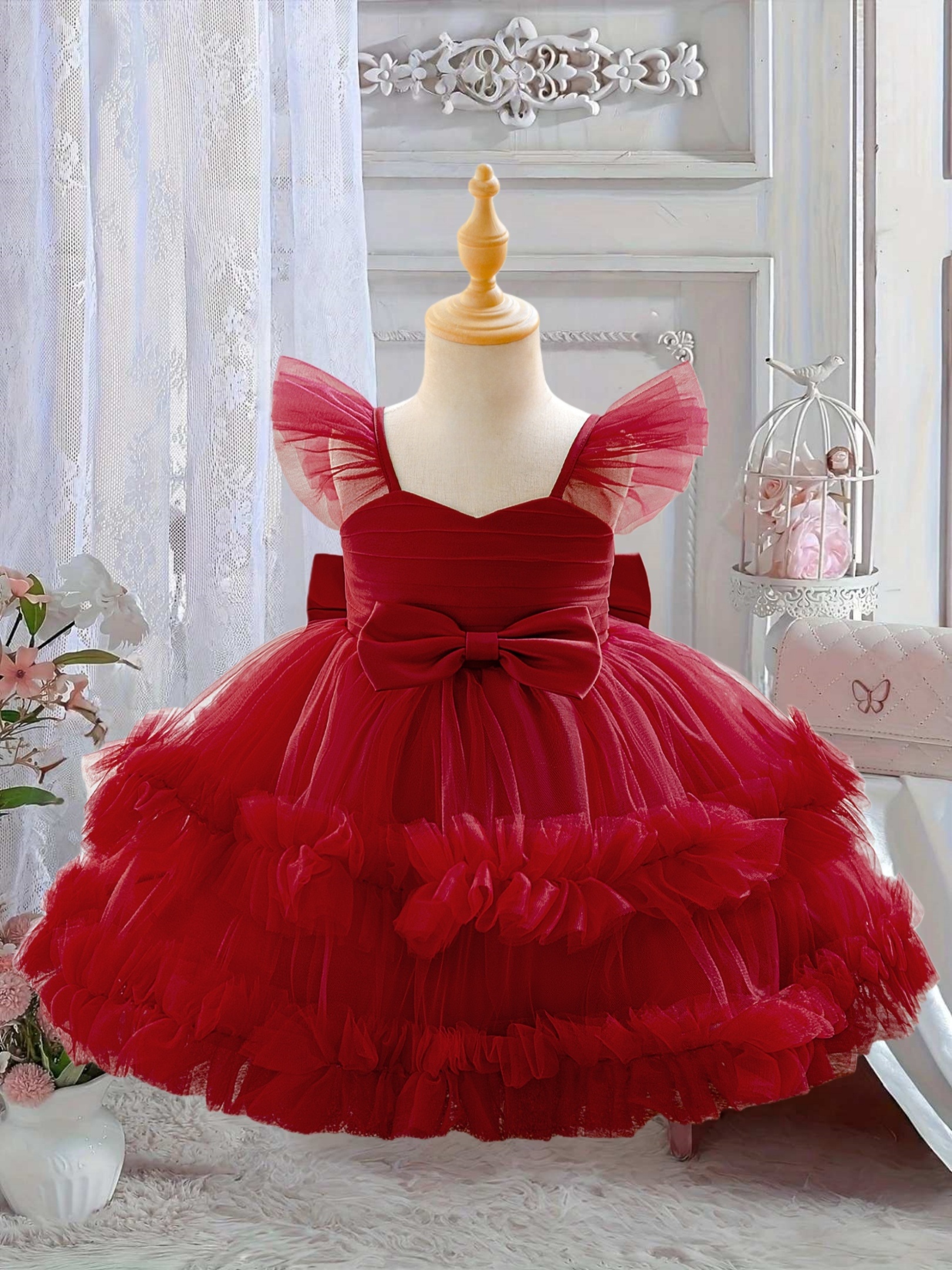 girls wine red fluffy tulle dress banquet birthday dress - Temu Mauritius