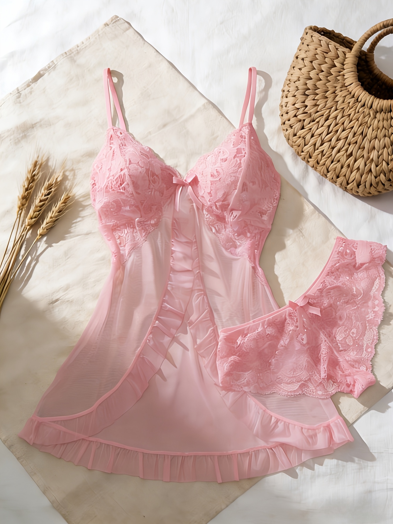 Conjunto de dos piezas sexy para mujer con hebilla frontal - Vestido de encaje francés de muñeca + Pantalón de tirantes de malla para estar en casa