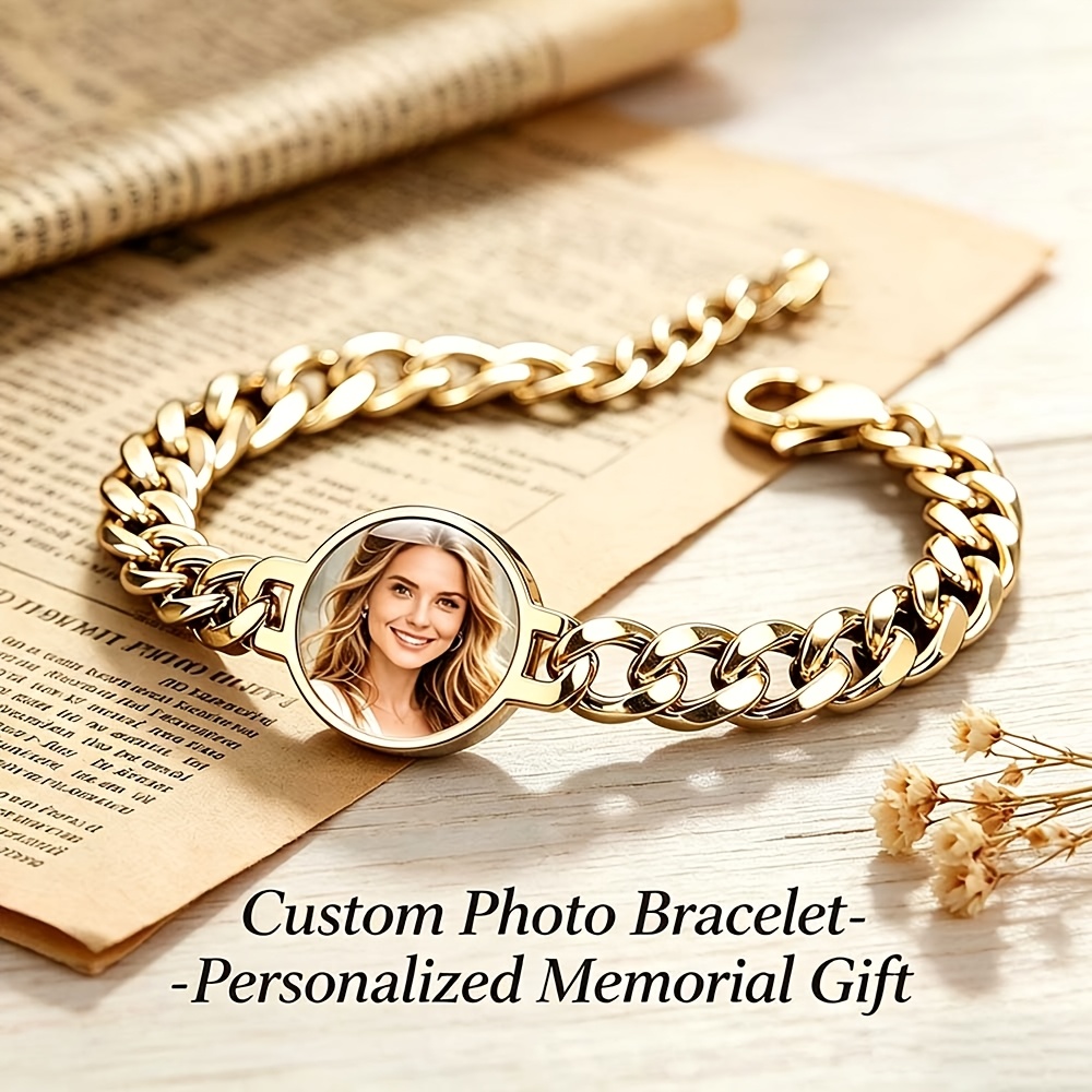 TEMU Custom Photo Cuban Link Bracelet, Personalized Memorial Gift For Her, Customizable Picture Jewelry, Exquisite Present, Adjustable Chain, 304l