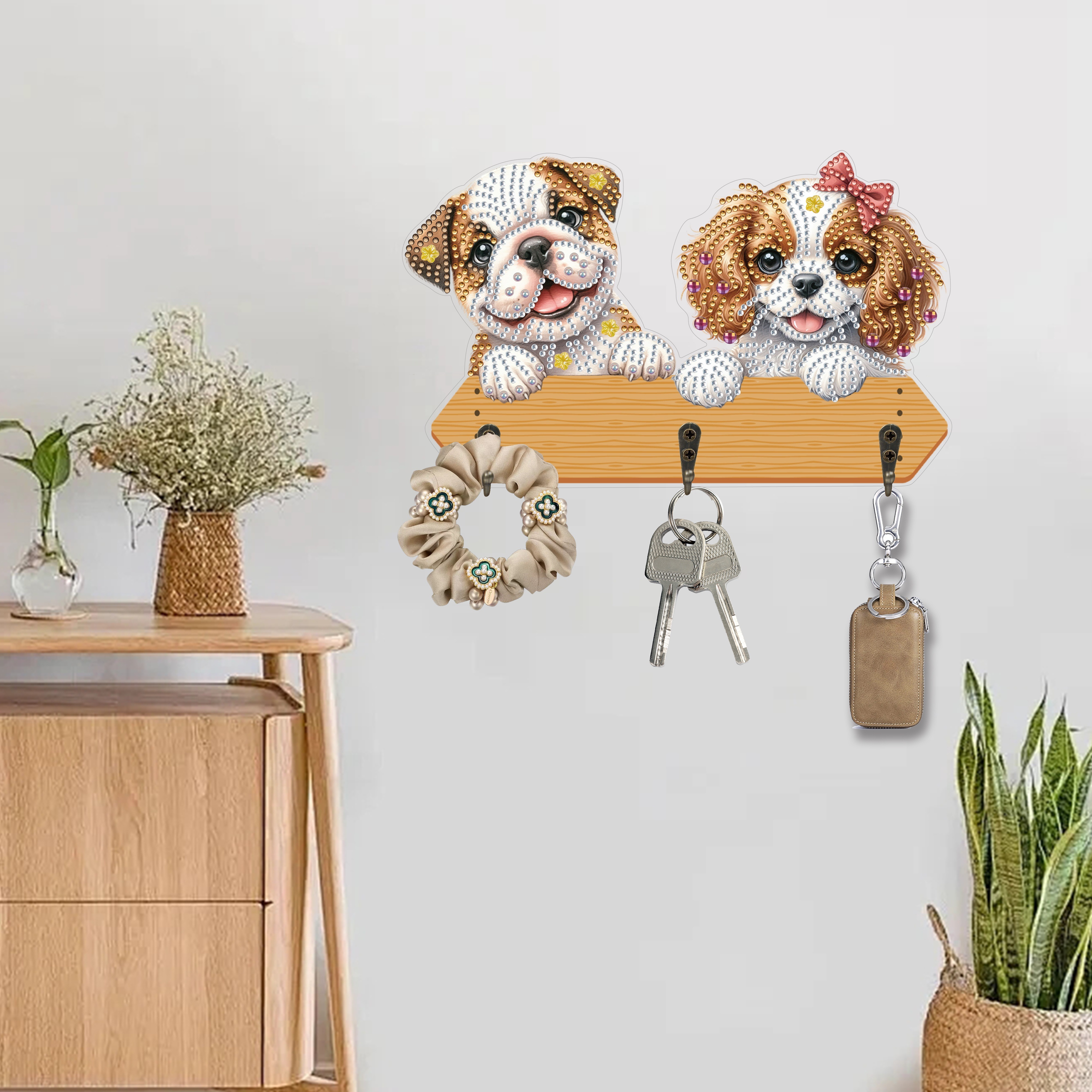 

5d Diamond Painting Key Holder Kit With Cute Dog Patterns, Irregular Shaped Diamonds, Plywood Material, Creative Diy Handmade Gift, Wall-mounted Hook Accessory