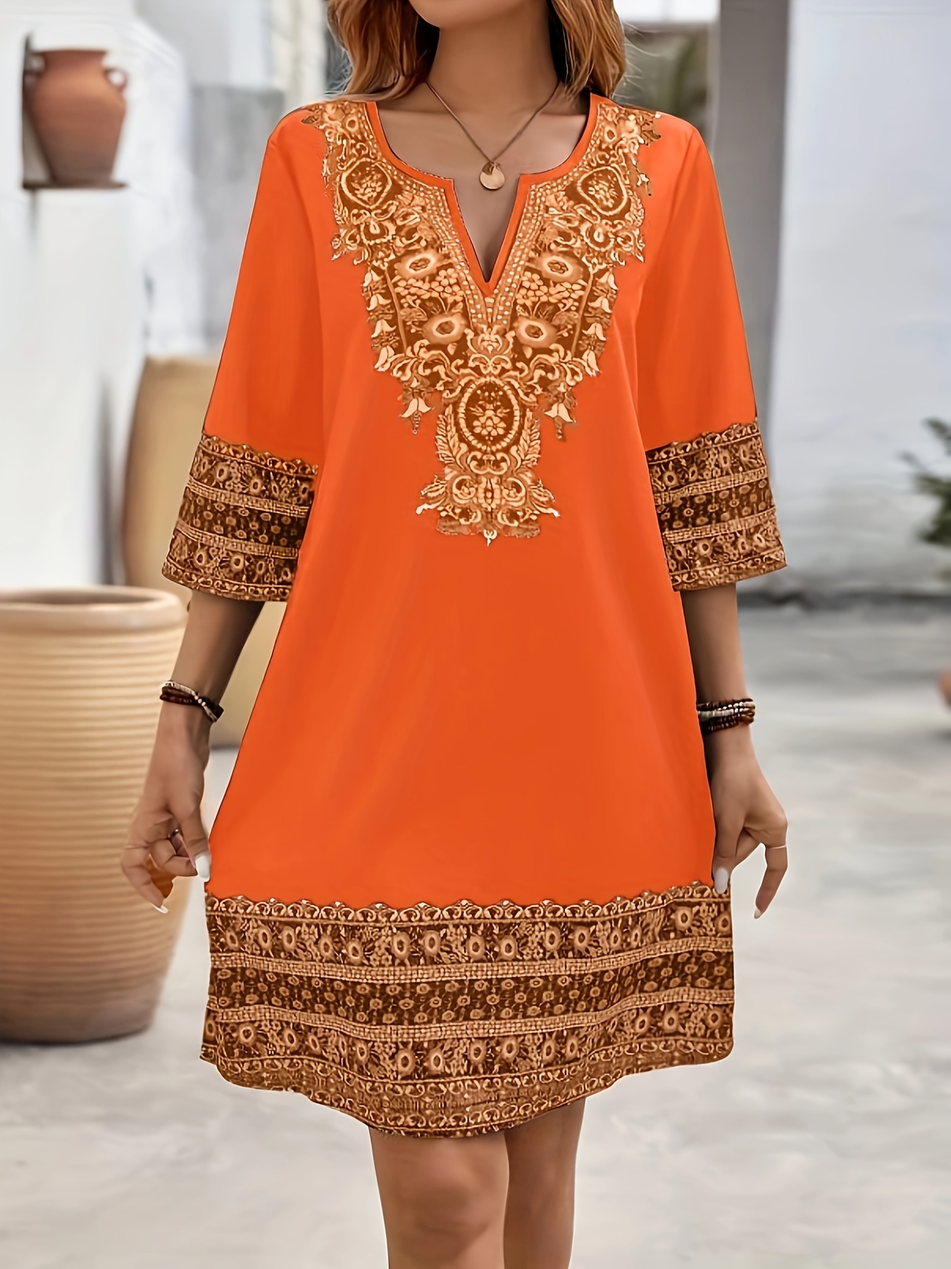womens casual loose fit v neck dress red intricate geometric - Temu Oman