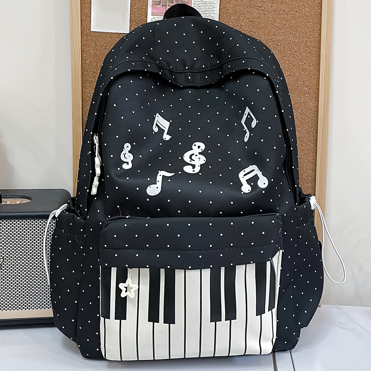 TEMU Elegant Style Women's Backpack With Piano Music-themed Print, Zipper Closure, And Adjustable Shoulder Straps. Large-capacity Fashionable Women's