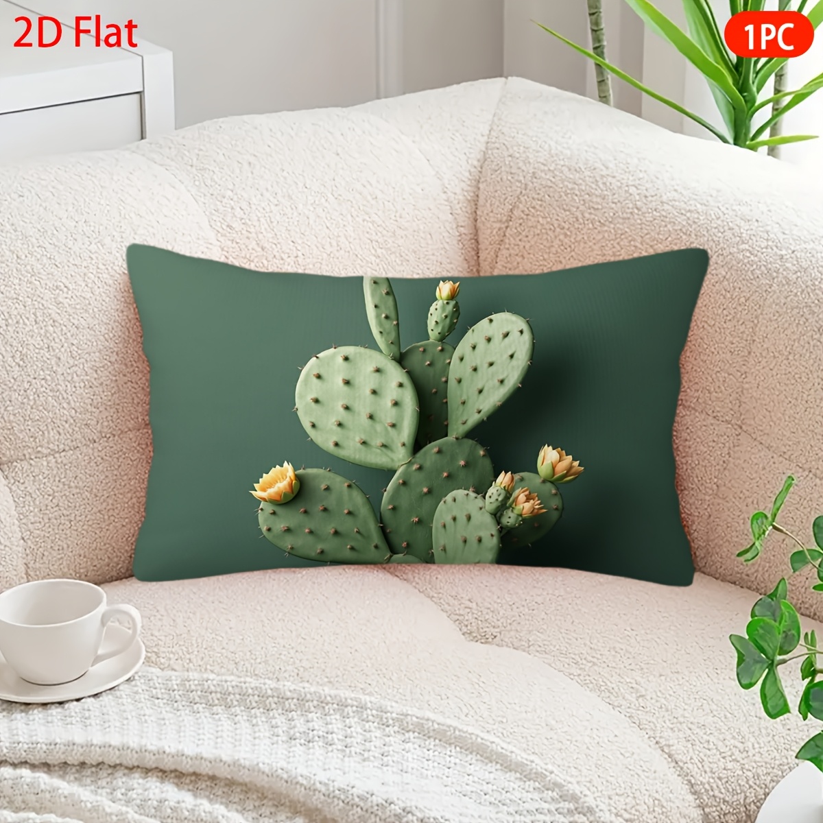 TEMU 1pc Cactus Blooming Throw Pillow Cover - Double-sided Plush Cushion Case Suitable For Sofa, Bed, Decor, Zipper Closure & Machine Washable,
