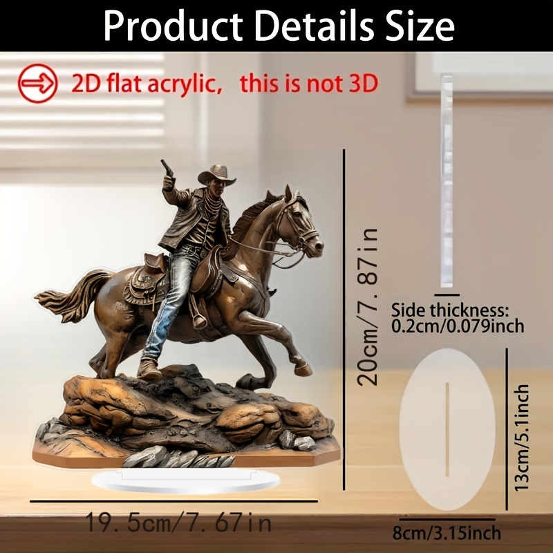 

2d Flat, Boho-chic Cowboy & Horse Acrylic Desk Decor, 7.67" X 7.87" - Versatile Holiday Accent With Display Stand