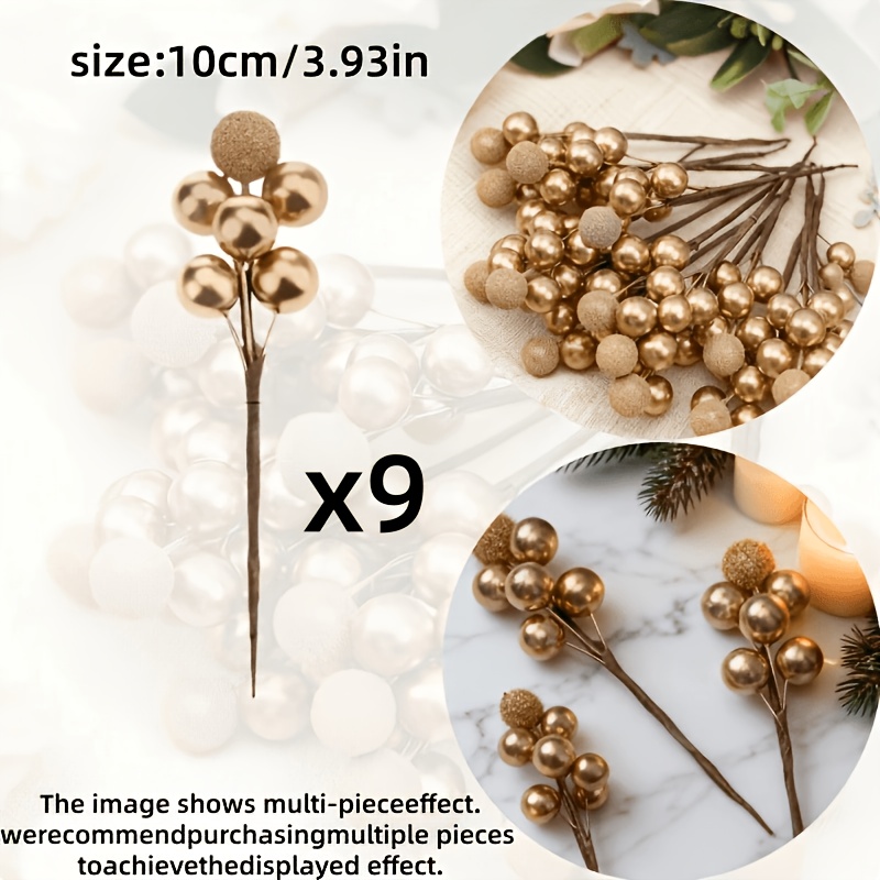 TEMU 9pcs Golden Artificial Flower Berry Set, Ideal For Decorating Wreaths And Enhancing Home Decor, Christmas Decoration, Halloween Decoration