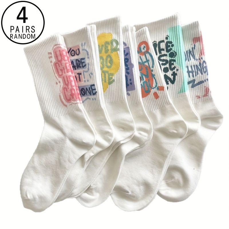 E-shop 3/4 Paar Multi-Spezifikation Mid-Calf Socken Damenmode Trendy Fersen Buchstaben Weiß Vielseitige Vertikale Streifen Ganzjahressocken