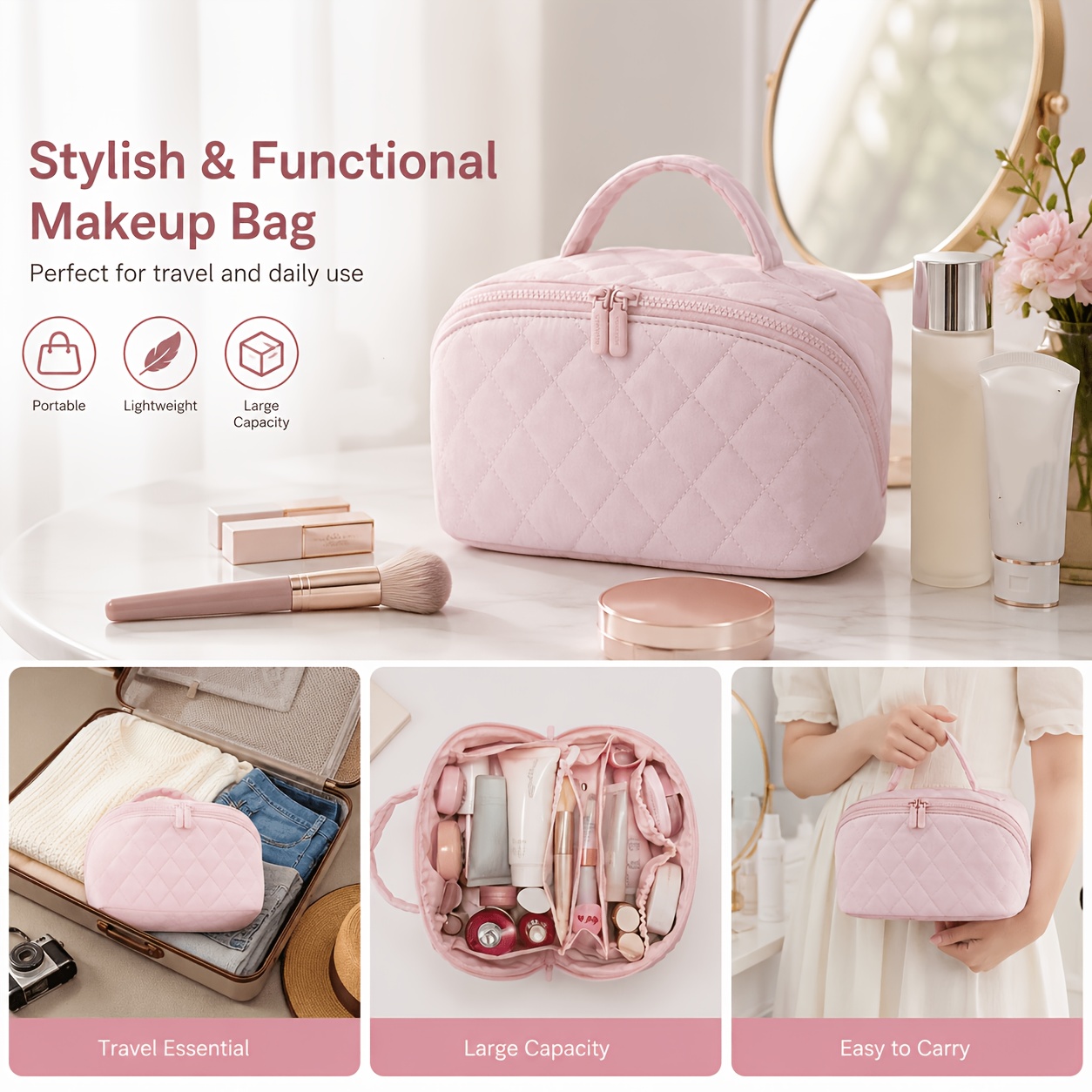 Large Capacity Quilted Makeup Bag for Women, Portable Travel Cosmetic Organizer Case, Lay-Flat Open Toiletry Pouch for Skincare Beauty Tools with Clear Pouch