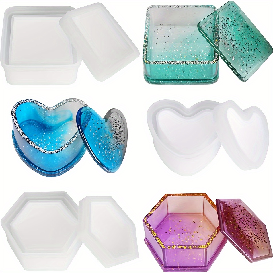 

3sets Box Resin Molds, Jewelry Box Molds With Heart Shape Silicone Resin Mold, Hexagon Storage Box Mold And Square Epoxy Molds For Diy Storage Box Candle Holder Making