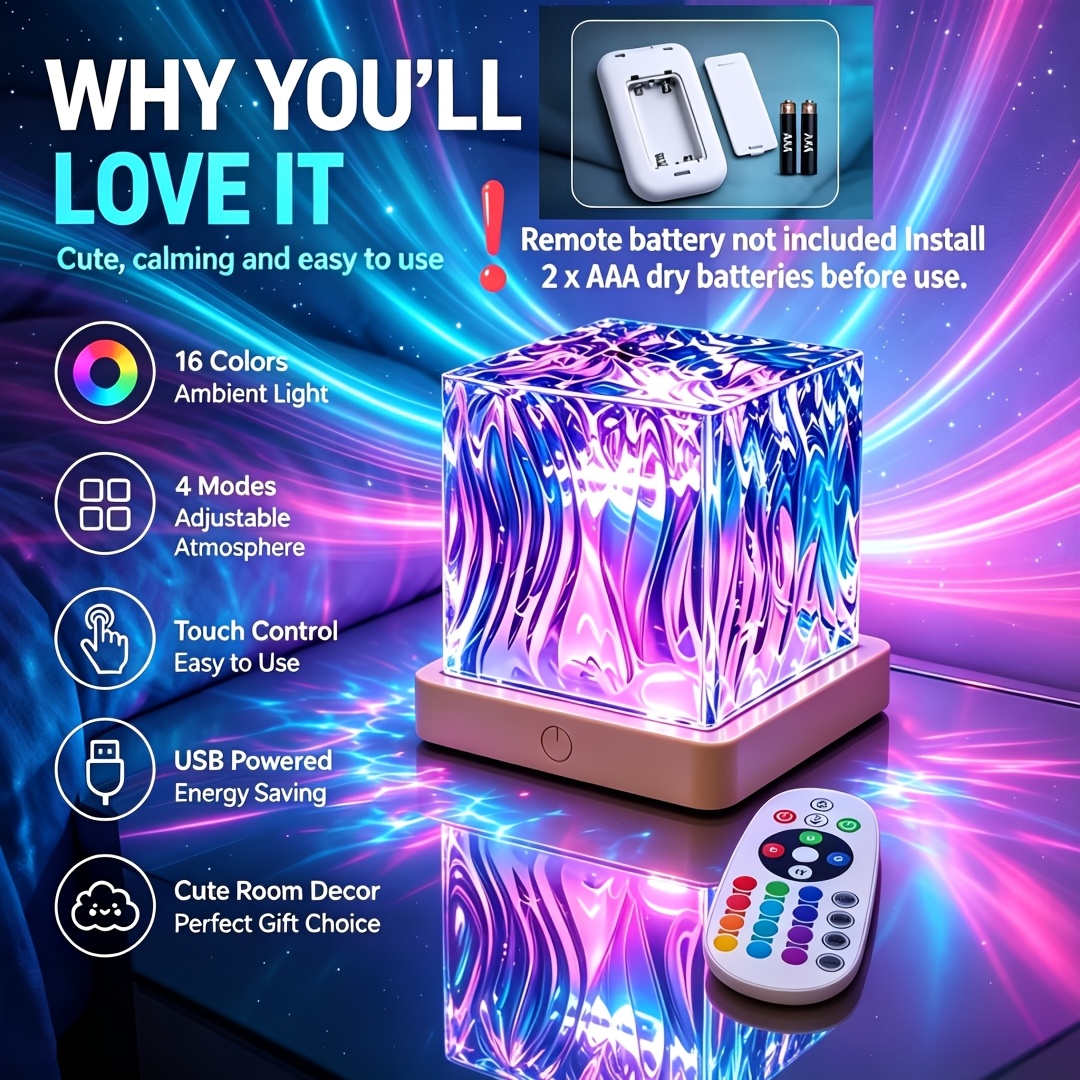 TEMU 2026 Upgraded Usb-powered Smart Rgb Projection Lamp With Touch & Remote Control, 16-color Dimmable Color-changing Light Suitable For Bedroom,