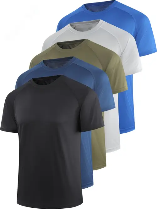 5pcs mens breathable quick dry athletic t shirts 4 way stretch gym workout running tees with drop shoulder design moisture wicking regular fit short sleeve shirts for fitness casual wear 5 colors workout clothes round neck tee stretchable fabric
