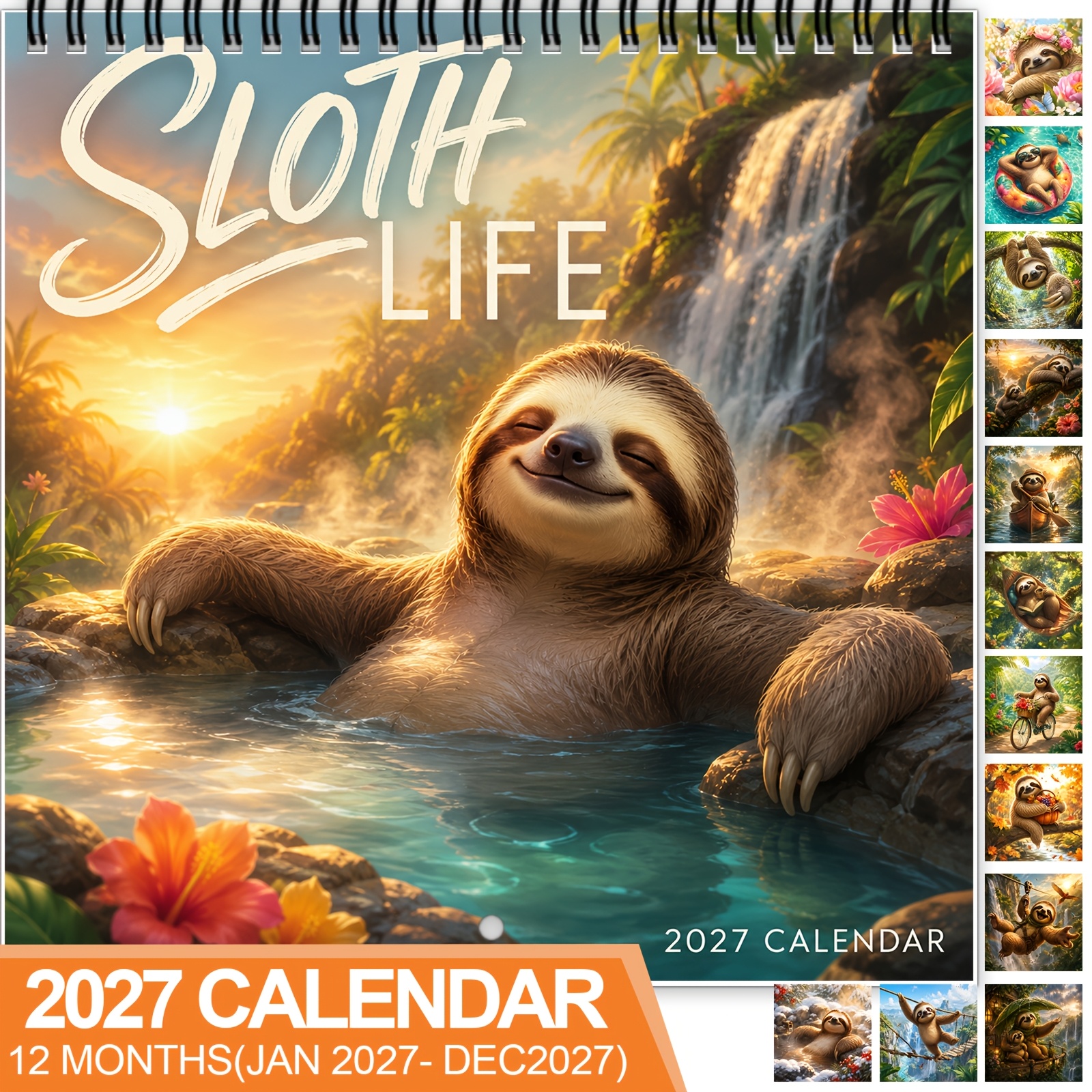 TEMU 1pc 2027 Sloth Lifestyle Calendar, Spiral Bound 12 Months Fun Pet Calendar, With Large Size Date Grid, Featuring Lazy Daily And Sunset Water