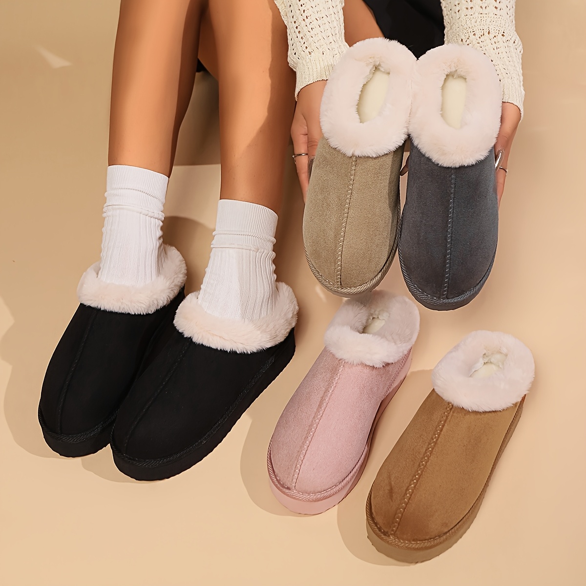 

Pantoufles confortables en peluche pour femmes, couleur unie, dessus en tissu, semelle en EVA, lavables à , pour chaussures d'intérieur chaudes en hiver.