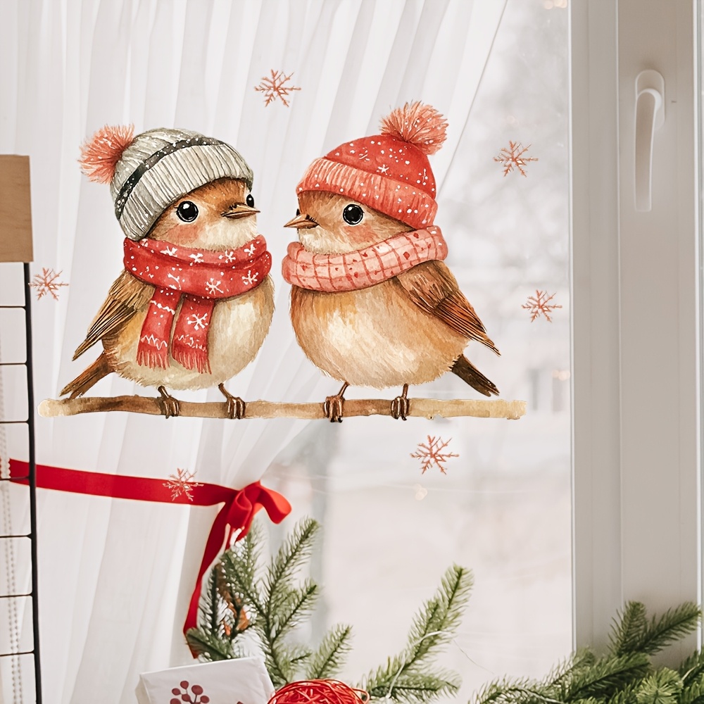 1pc festive christmas bird window cling adorable cartoon birds in knitted hats scarves removable reusable semi   ideal for windows doors walls cabinets fridges notebooks more bird accessories details 3