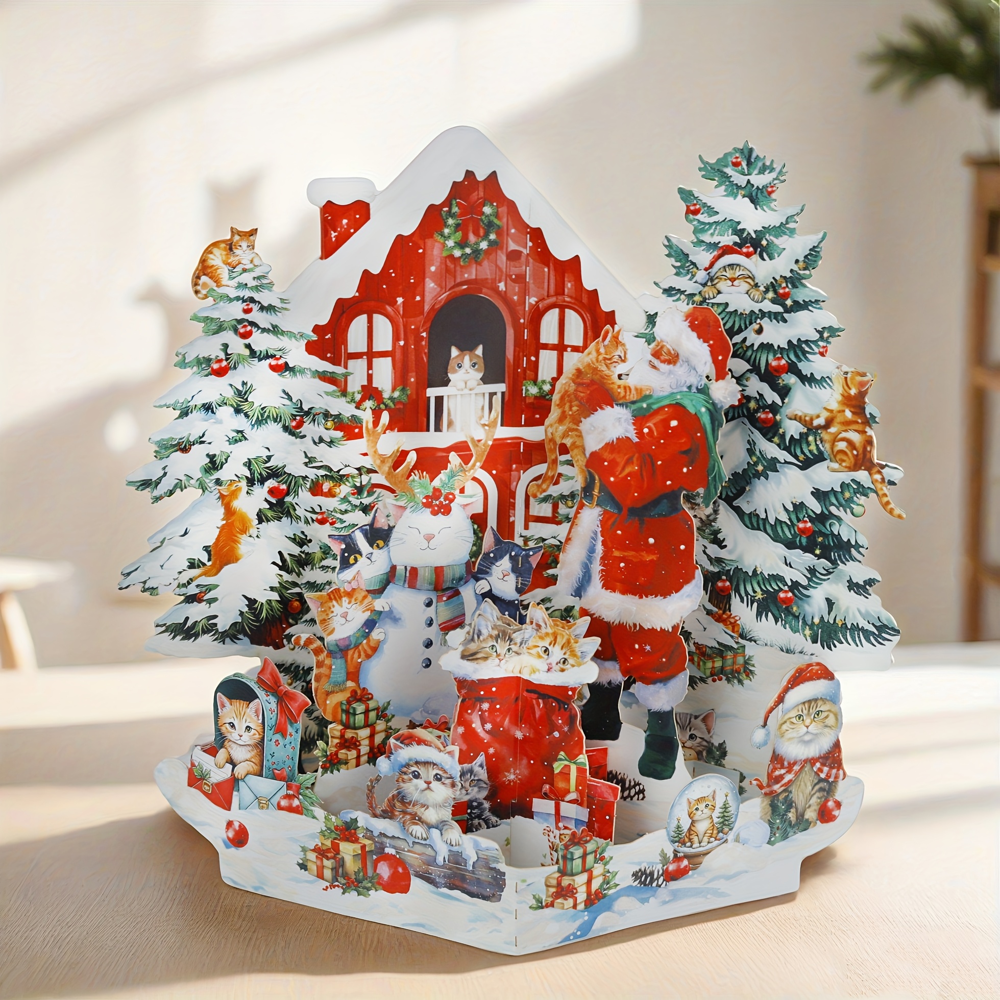 TEMU 1pc 3d Pop-up Cat House Christmas Card With Moving Cats, Snowman & Santa - Interactive Paper Greeting Card For Cat Lovers, Party Invitation With