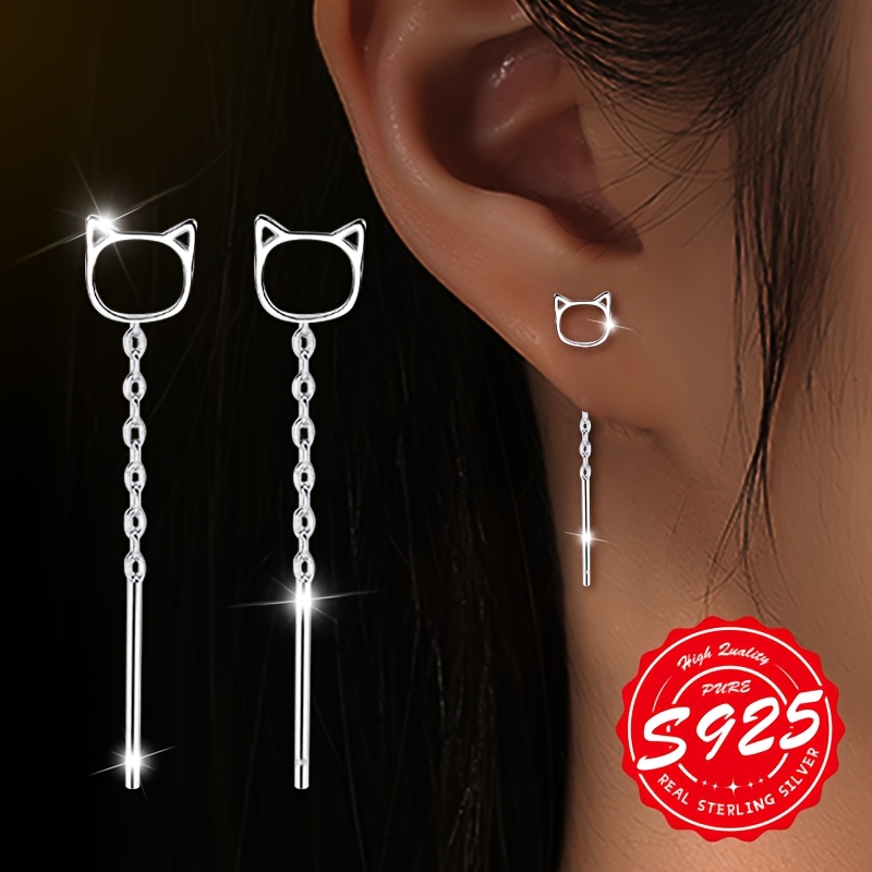 

Pair Of Women's Hollow Cat Earrings, S925 Pure Silvery, Cute And Pretty, Small And Simple, Suitable For , Low Allergy 0.81g