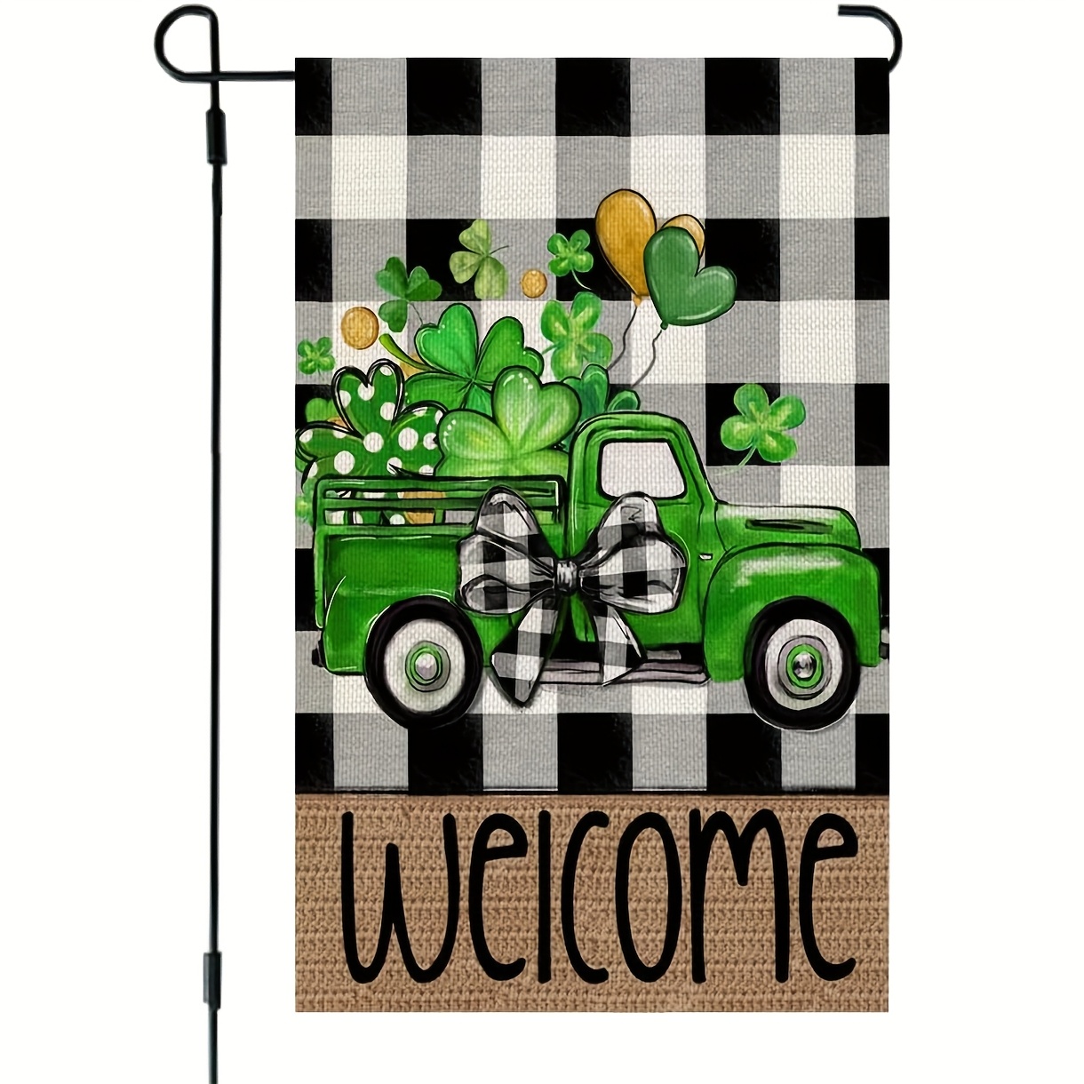 

1pc 's Day Garden Flag - 12x18 Or 28x40 Inch Double-sided, Burlap With Green Truck & Shamrocks Design, Welcome Message For Outdoor Yard Decor, Garden Flags For Outside