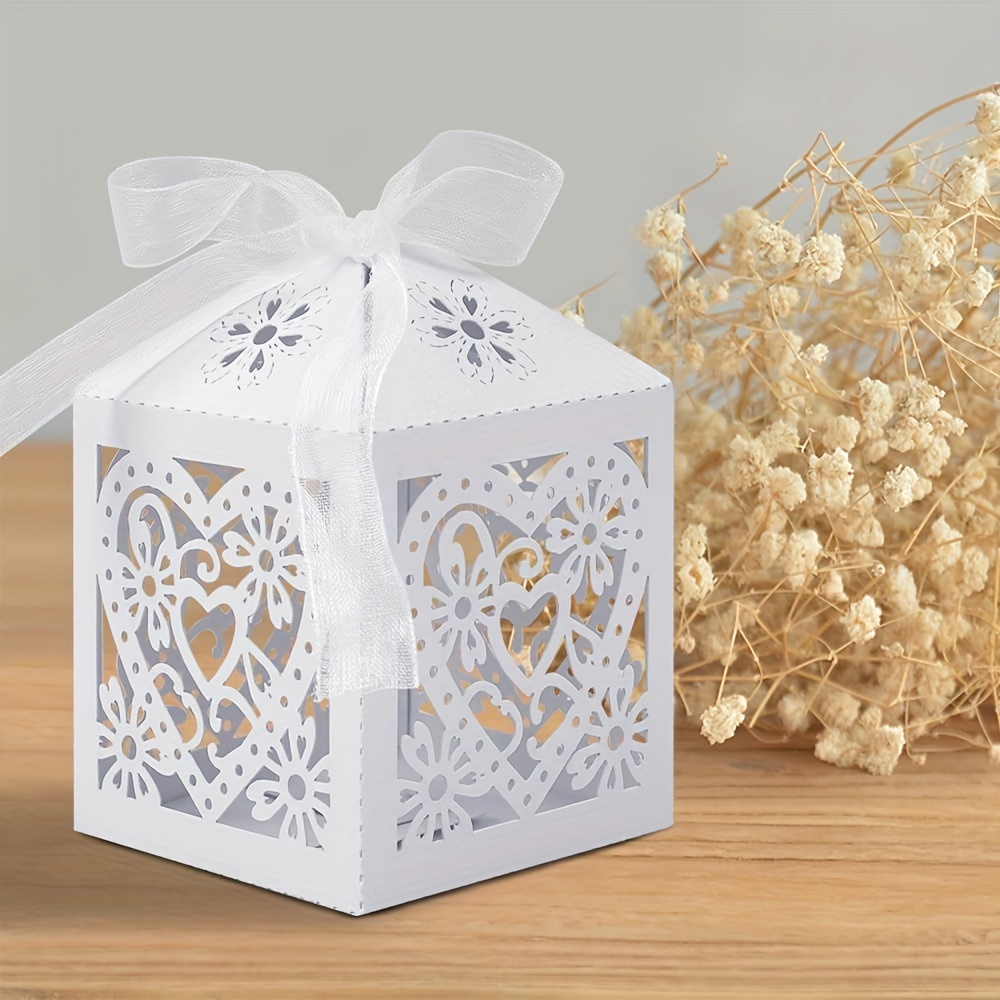 

50pcs White Heart-shaped Candy & Chocolate Gift Boxes With Laser Cut Design - Perfect For Wedding Favors, Birthday Parties, And Bridal Showers With Ribbons Included Jewelry Gift Boxes For Gifts