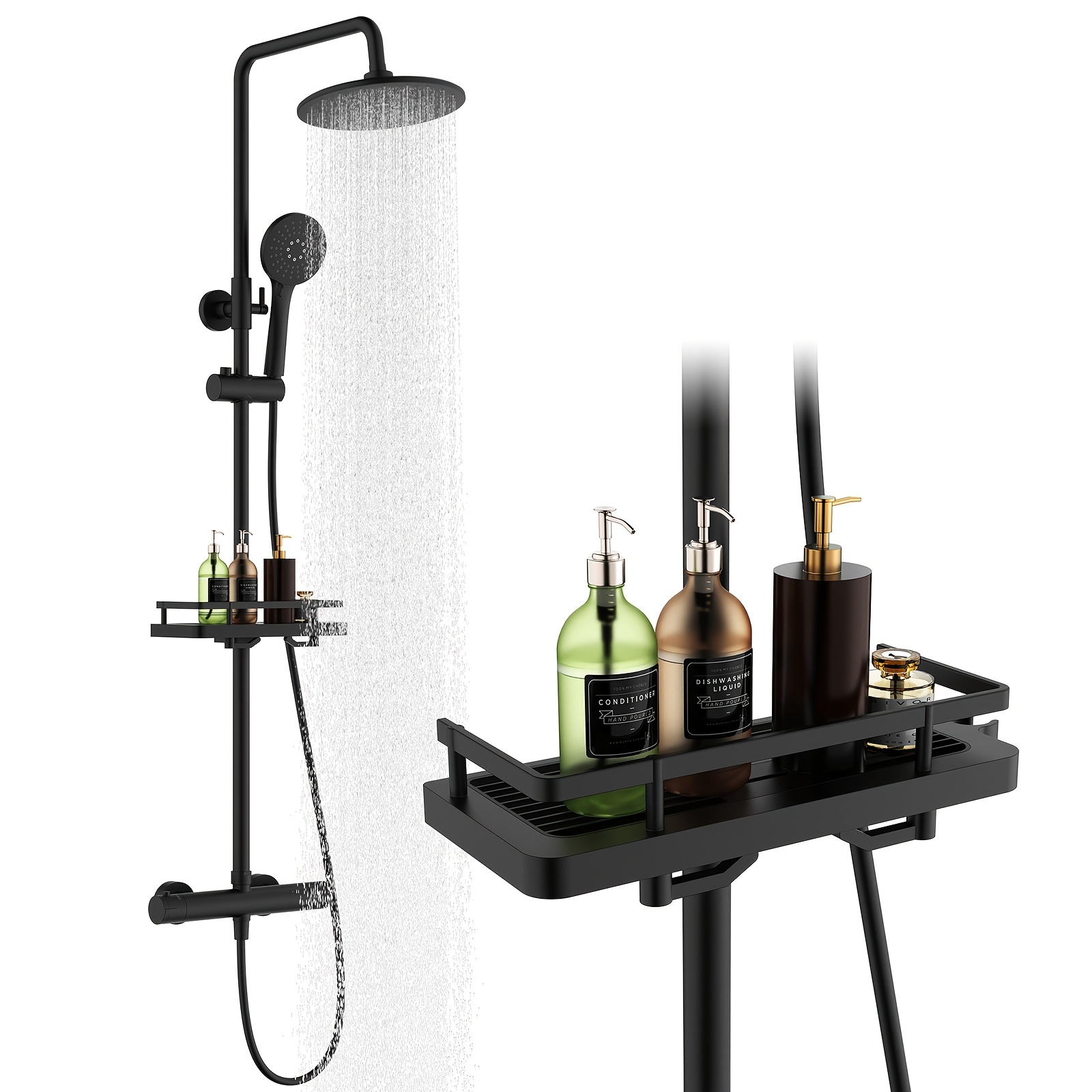 Shower System With Thermostat Stainless Steel & Shelf, Stainless Steel Shower Faucet Set With Hand Shower & Head Shower, 3 Jet Types, Height Adjustable, Black