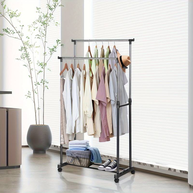Heavy Duty Double Bar Rolling Garment Rack – Adjustable Length 47-78", 59" Tall, Silver
