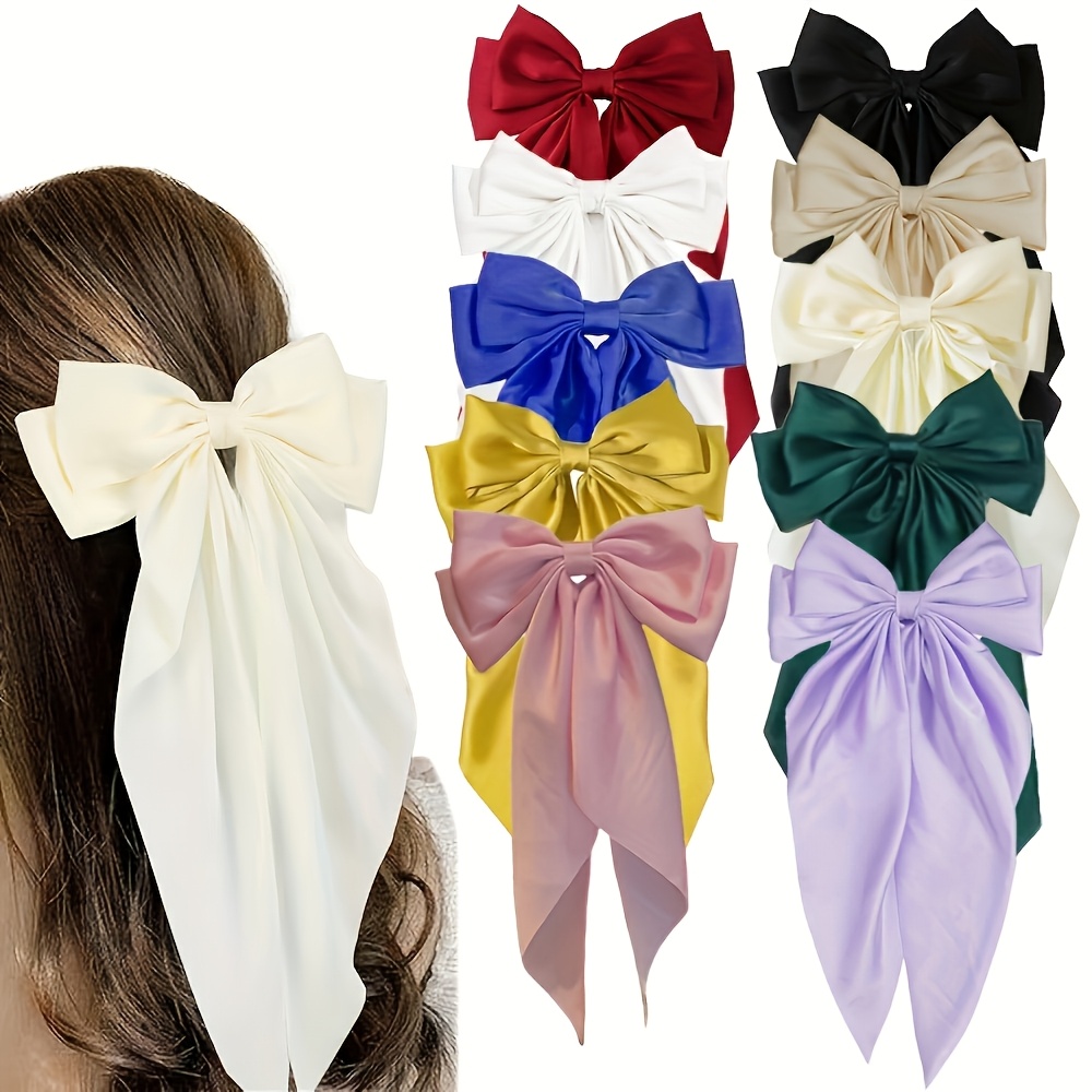 

10-pack Bohemian Fabric Bow Hair Clips, Women's Silky Ribbon Hair Accessories, Assorted Solid Color Hair Decorations