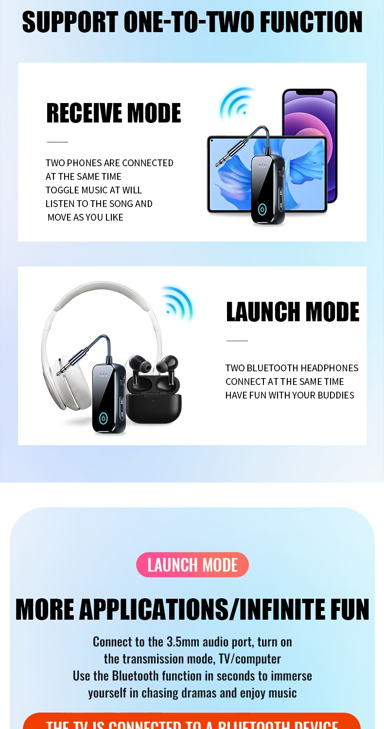 2-в-1 Bluetooth 5.4 Аудио Приемник Предавател, HiFi Стерео Безжичен Адаптер, 3.5mm AUX с Микрофон, Подходящ за Кола, Самолет, Телевизор, Компютър, Говорители