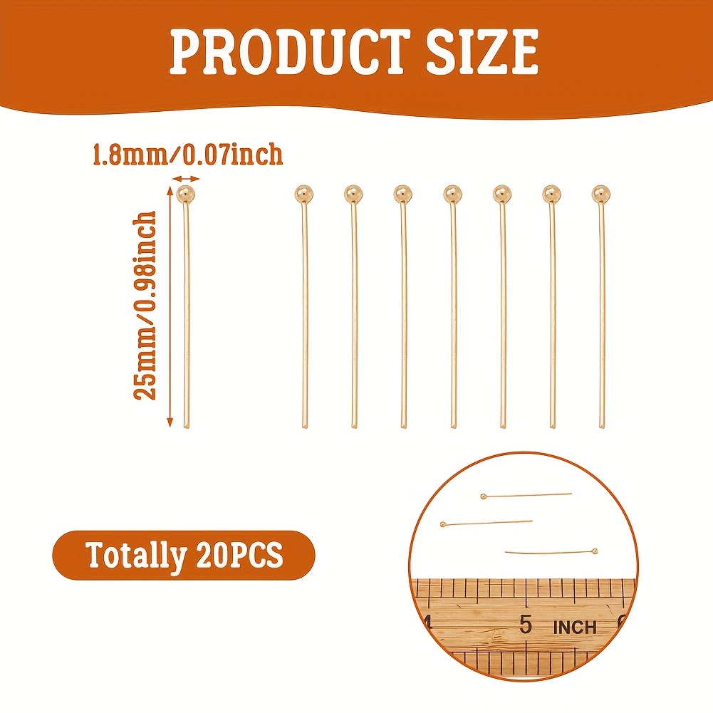 TEMU 20 pièces Épingles à tête boule en acier inoxydable 304 plaqué or 18K - Grandes de 25 mm (0,98 pouce) pour création DIY, pointes dorées