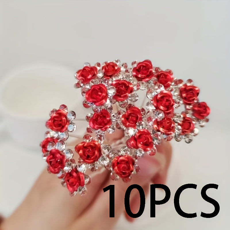E-shop 10 Stück, U-förmiges rotes Rosen-Haaraccessoire für Damen, Strass-Rosen-Haarnadel für Braut, geflochtenes Haar, gabelartige Haarnadel, einfache