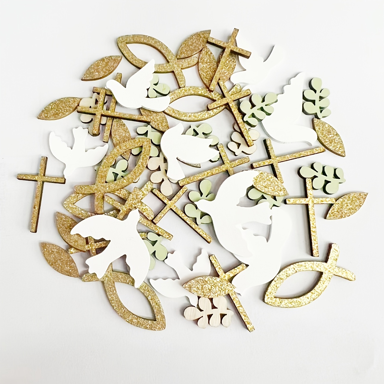 Image of 100pcs Religious Theme Table Decorations | Includes Fish, Cross, Branch, And Designs For Baptism, Wedding, Birthday, And Shower Decorations, Church Altar Supplies, For Halloween, Christmas