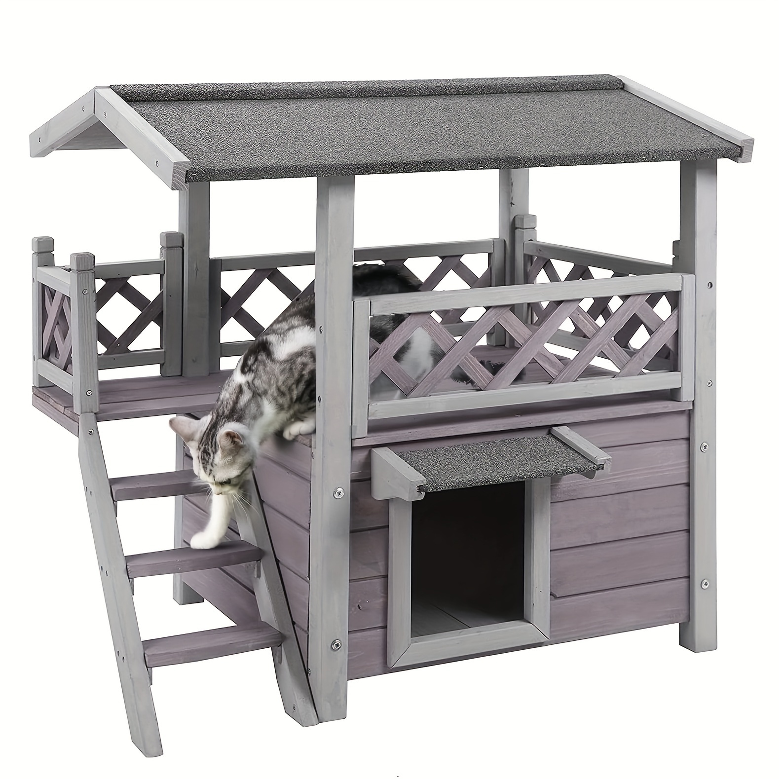 

Aivituvin Cat House With Door For Feral Cats, 2 Story Wooden Kitten Condo With Stairs, Rainproof Outside Kitty House