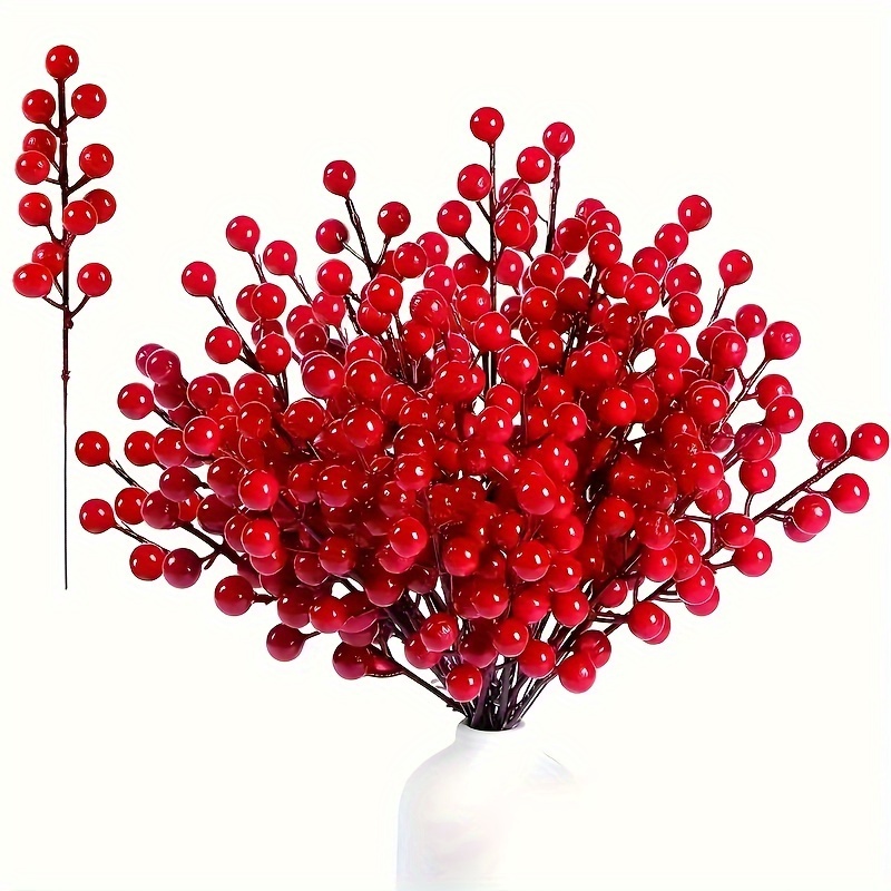 

20 Pcs Lifelike Red Berry Stems - 20.32cm Artificial Holly Branches For Festive Home Decor