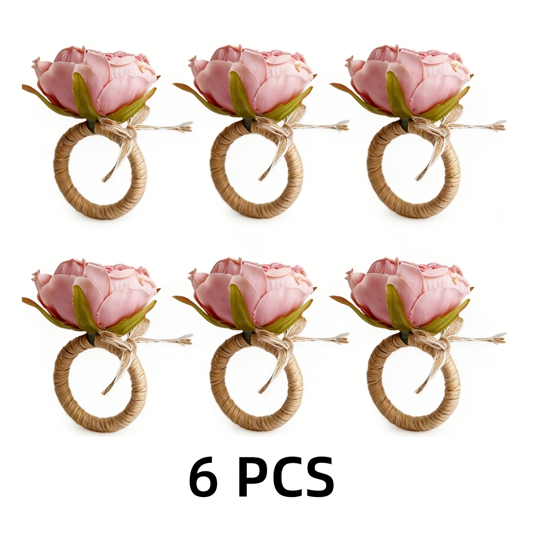 TEMU Handcraft Flower Napkin Rings Set Of 6, Pink Handmade Napkin Holder Rings Table Decorations For Summer, Wedding, Luncheons, Picnics, Banquet,