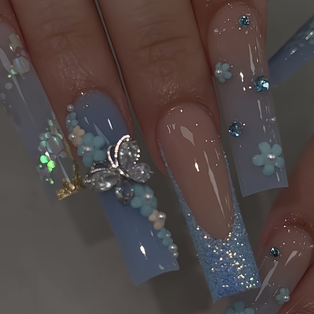 

24-piece Long Coffin Gradient Nails Set With Tiny Butterfly Blue Rice Beads Paved Personality Wedding Fake Nails