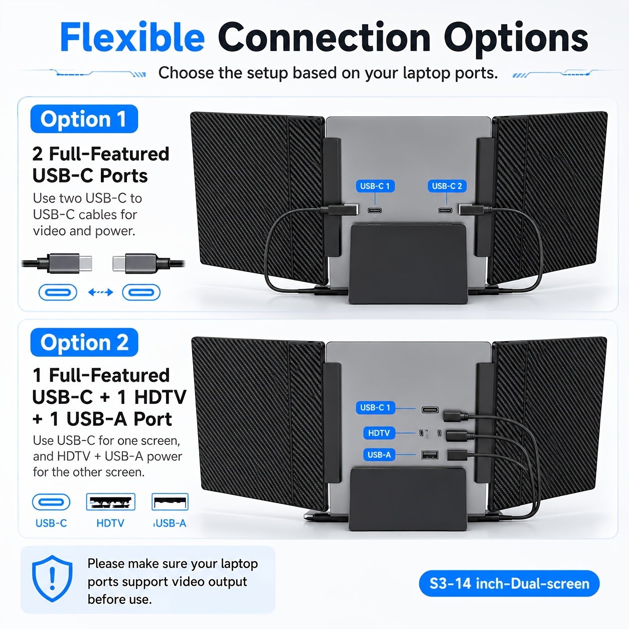 Laptop Screen Extender 14 / 15.6 Inch Dual Screen Portable Monitor, 1080P FHD IPS Screen, 178° Wide Viewing Angle, High Color Gamut, Plug And Play Three-Screen Expansion, Widely Compatible, USB-C/HDTV Video Output, Foldable External Monitor