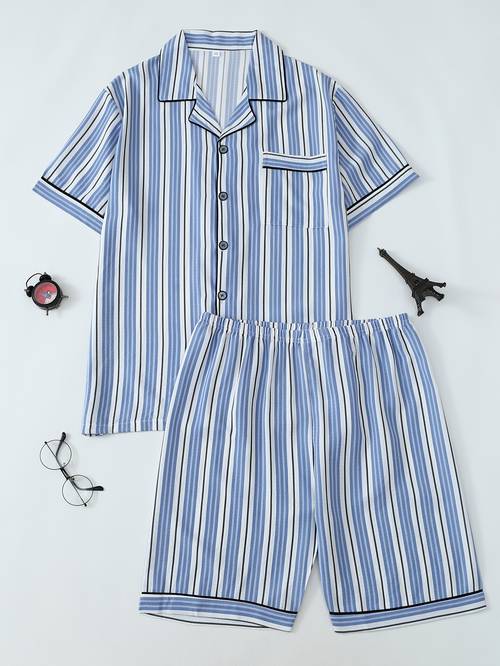 mens summer casual striped collar button short sleeve shorts pajama set