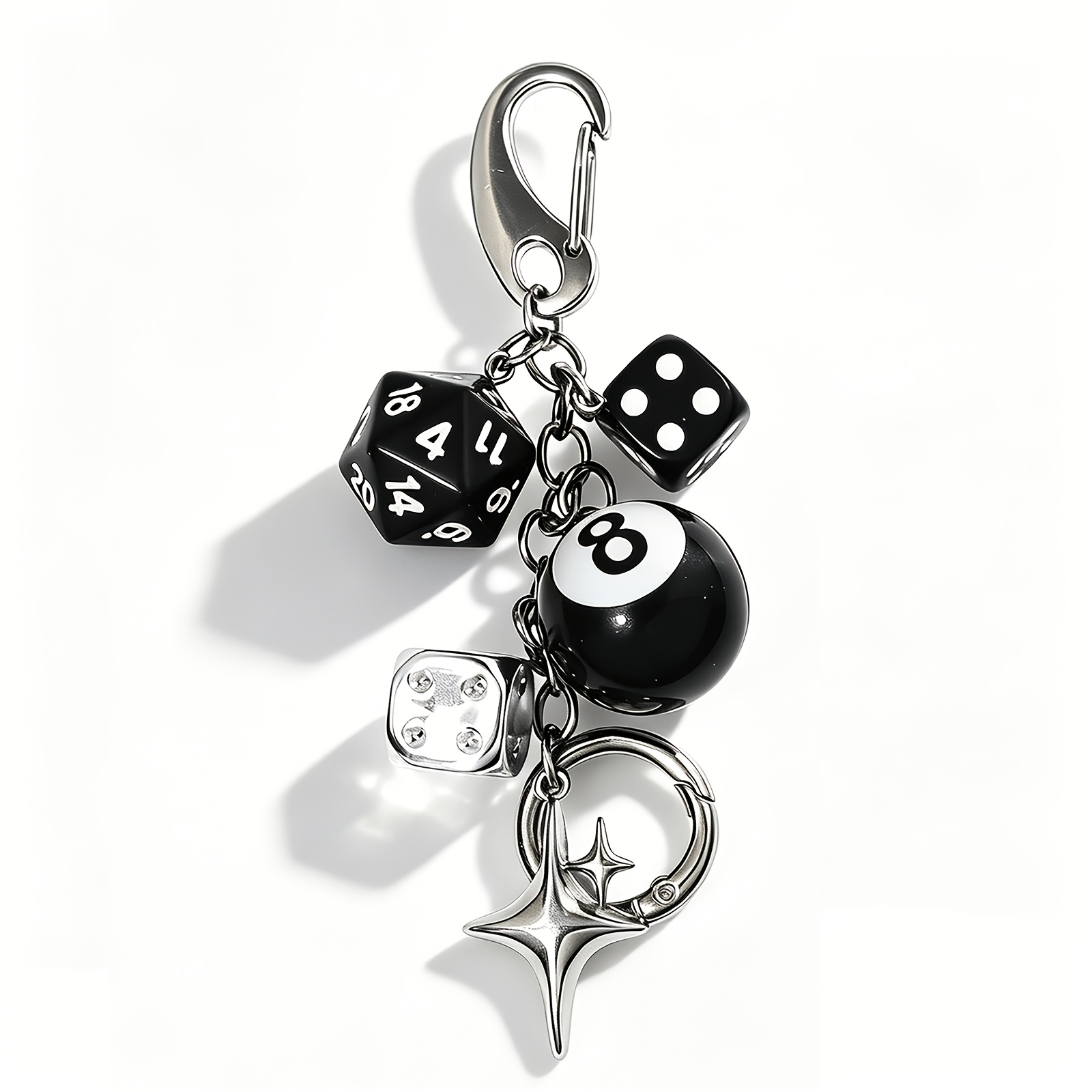TEMU 1pc Y2k 8 Ball Billiard Dice Keychain, Silvery 4 Pointed Star Charm Carabiner Key Ring, Punk Gothic Backpack Bag Additions Unisex Gift For Pool