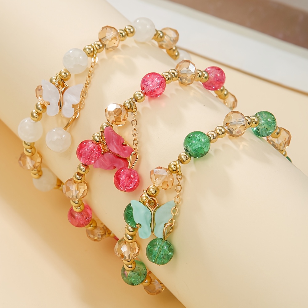 3pcs Elegant Resin Pendant Glass Bead Stackable Chain Bracelet Set, Suitable For Women's Casual Vacation Daily Wear And Holiday Gift For Mom, Girlfriend