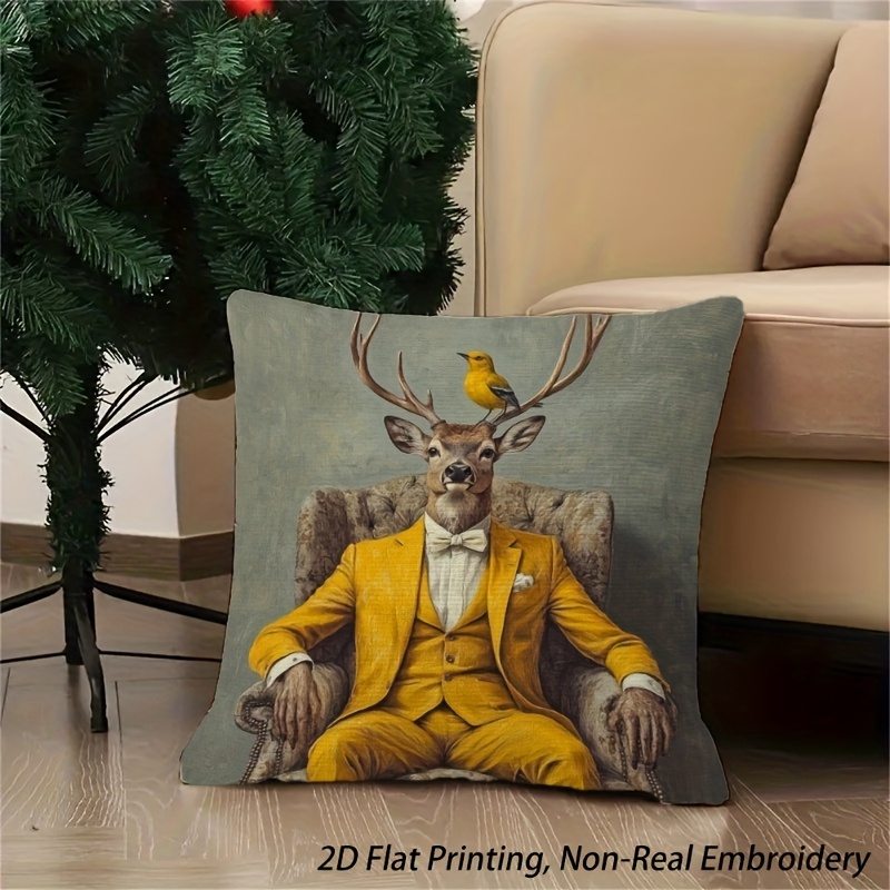 TEMU 1pc Print Plush Pillow Cover 18x18 Inch - Contemporary Zippered Sofa Bed Chair Decorative, Soft Short Plush With Deer Design, Machine Washable