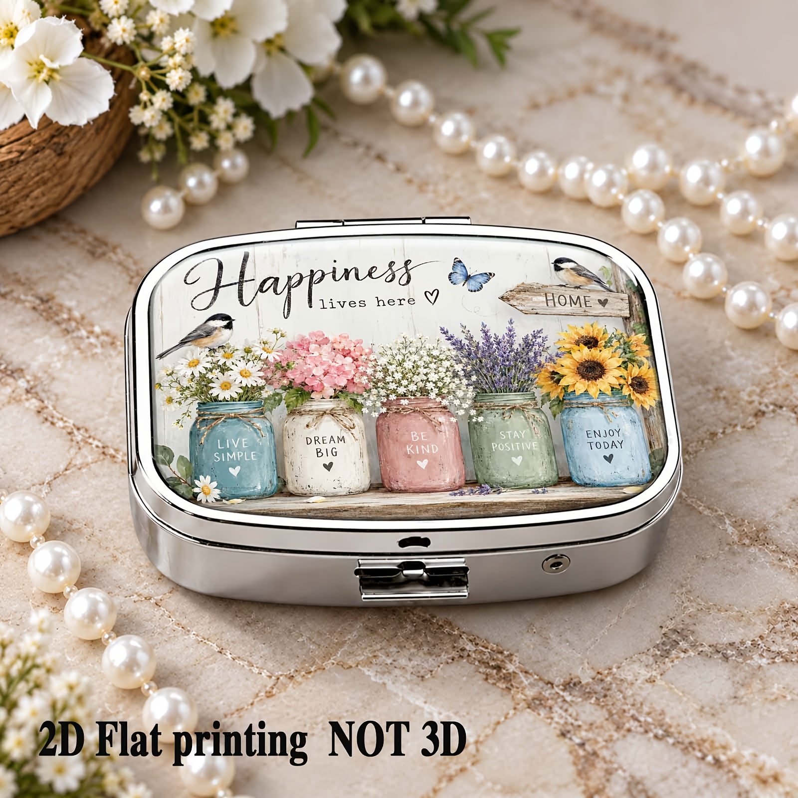 TEMU 1pc Square Pill Box Bouquet Vase Jar Pattern, Vintage Pastoral | 2d Flat Printing | Square Portable Pill Box | Press-type Jewelry Box | Earring