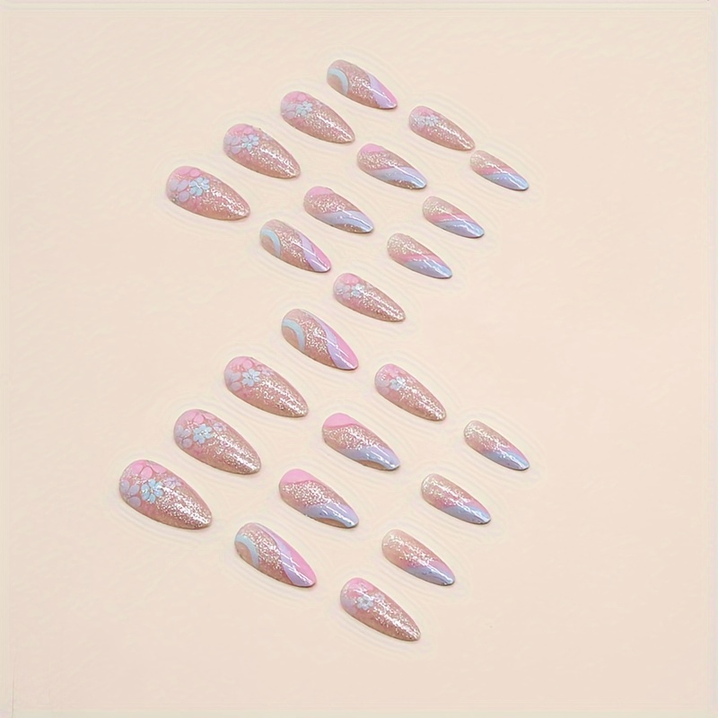 24pcs box summer sparkling false nails striped fake nails medium almond shape floral press on nails details 2