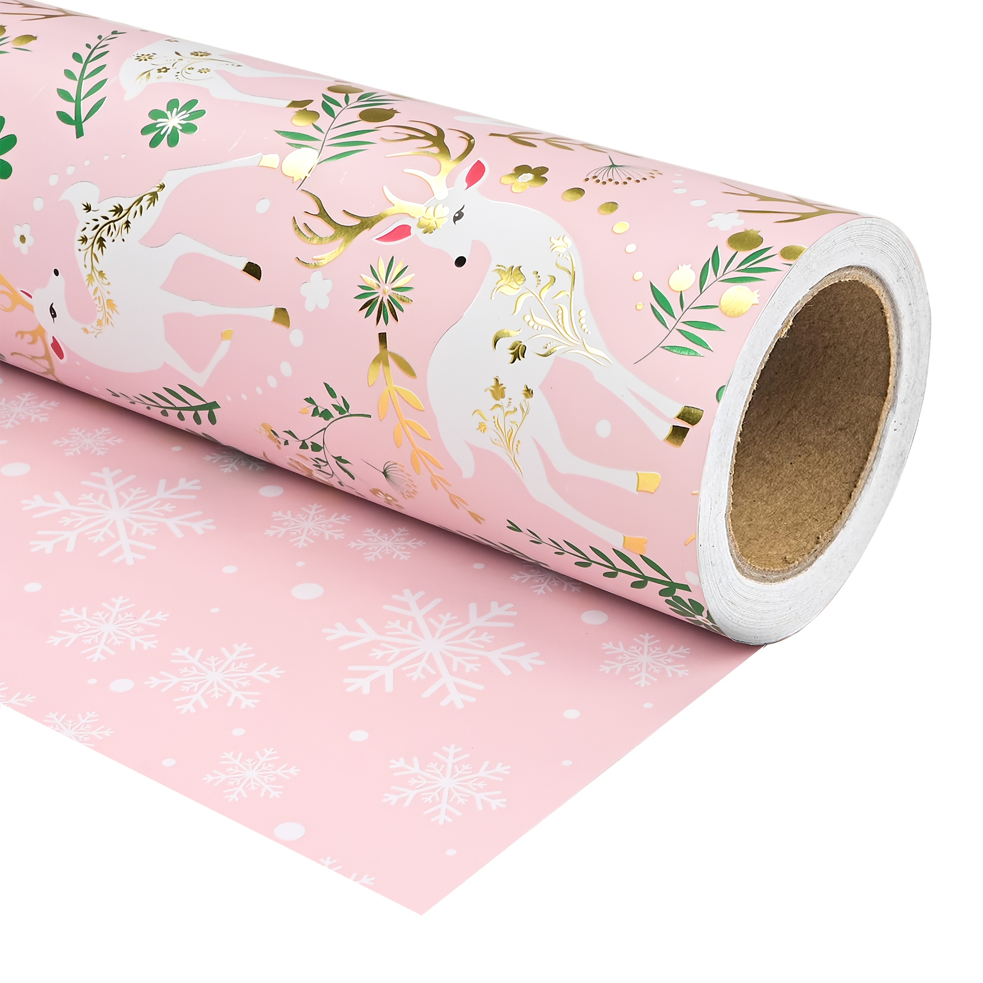 Image of 1 Roll Christmas Aluminum Wrapping Paper Roll - Double Sided Christmas Wrapping Paper - Pink Christmas Platinum Reindeer For Holiday Party Celebration Decorations, 17 Inches X 16.5 Feet