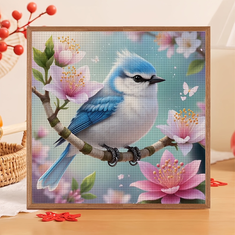 Cross Stitch Kit, Blue Bird on Branch with Pink Flowers