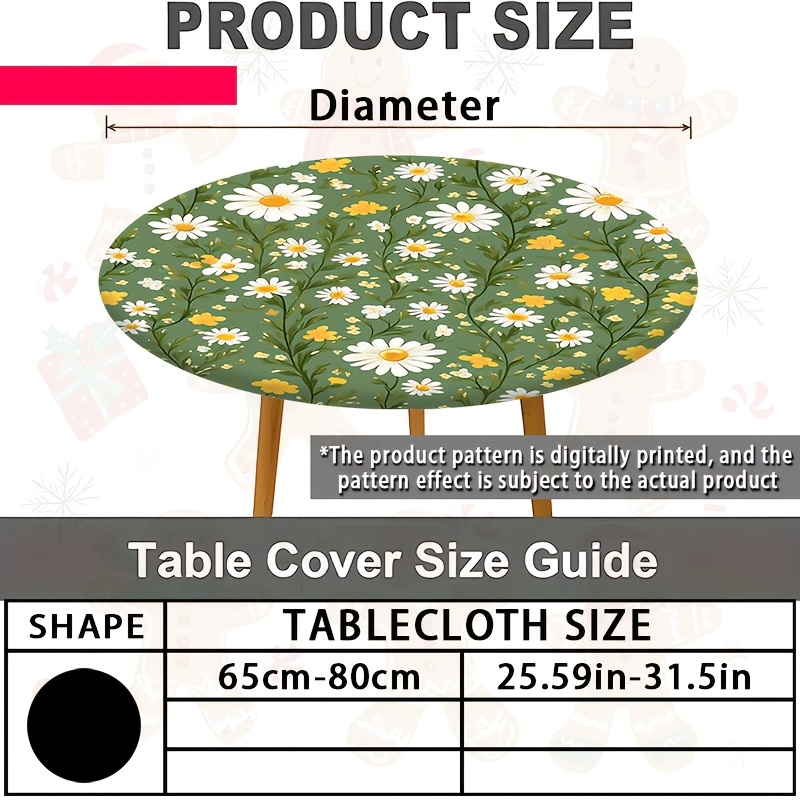 TEMU 1pc, 2d Flat, Green Background Daisy Print Elastic Round Tablecloth, Fresh Pastoral, Practical And Aesthetic, Brightening 's Little Beauty